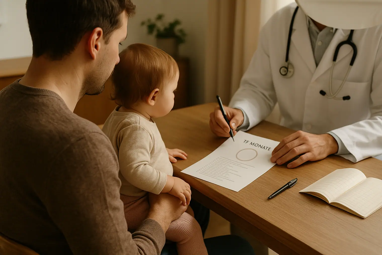Vater mit Baby beim Kinderarzt; Ärztin füllt am Schreibtisch einen Bogen zur Untersuchung aus.