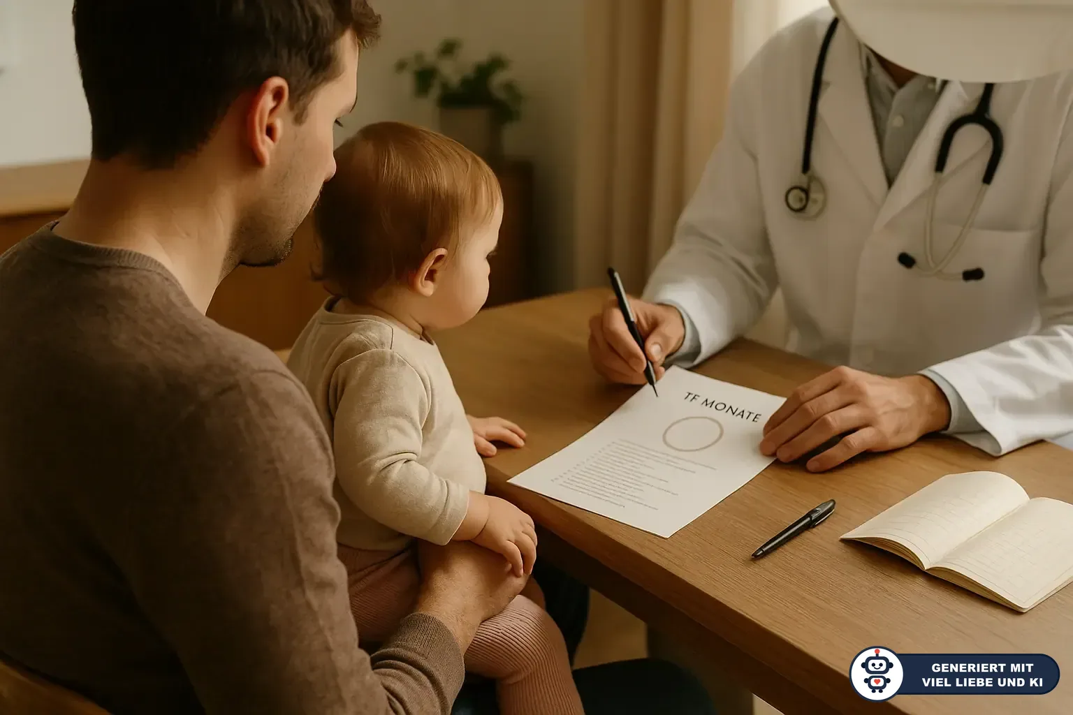 Vater mit Baby beim Kinderarzt; Ärztin füllt am Schreibtisch einen Bogen zur Untersuchung aus. (mit KI erstellt)