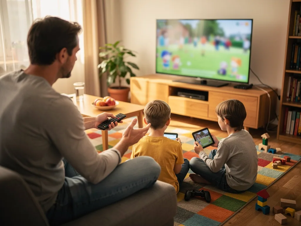 Vater mit Fernbedienung spricht mit zwei Kindern, die vor laufendem Fernseher Tablets nutzen.