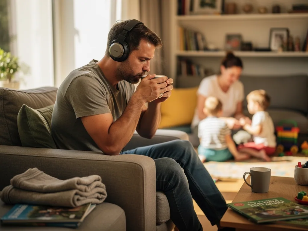 Vater mit Kopfhörern trinkt auf dem Sofa Tee, während Partnerin und zwei Kinder im Wohnzimmer spielen.