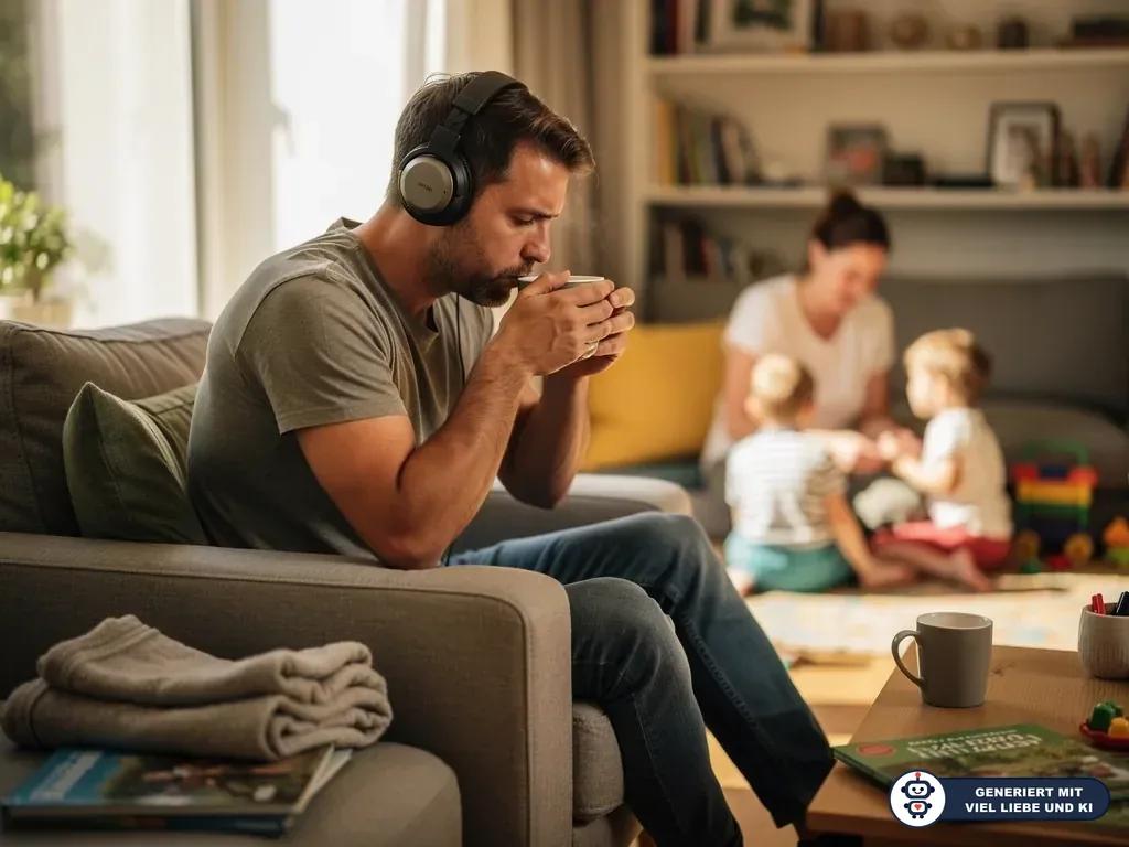 Vater mit Kopfhörern trinkt auf dem Sofa Tee, während Partnerin und zwei Kinder im Wohnzimmer spielen. (mit KI erstellt)