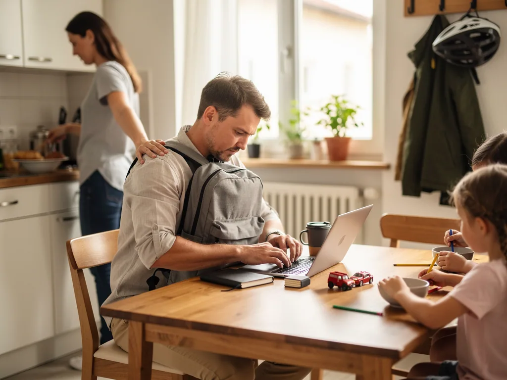 Vater mit Rucksack arbeitet am Laptop am Küchentisch, während Kinder malen und eine Frau in der Küche steht.