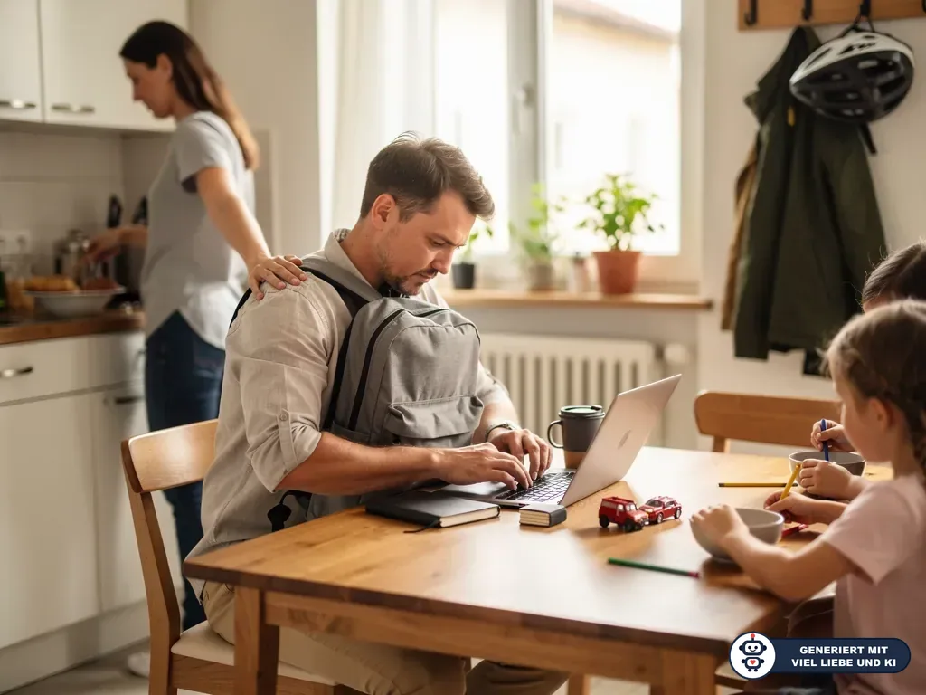 Vater mit Rucksack arbeitet am Laptop am Küchentisch, während Kinder malen und eine Frau in der Küche steht. (mit KI erstellt)
