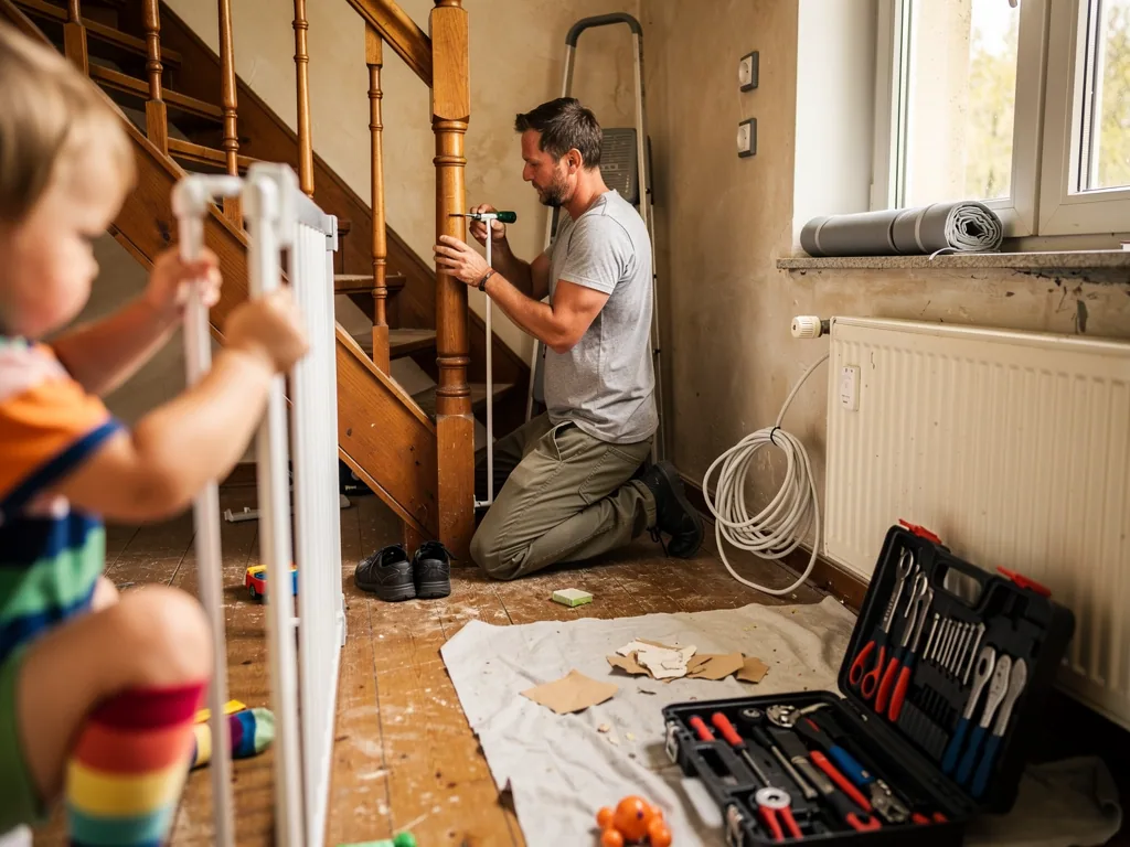 Vater montiert am Treppenpfosten ein Kinderschutzgitter, während ein Kleinkind daneben spielt.