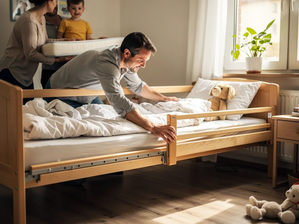 Vater montiert den Rausfallschutz an einem Kinderbett, während Mutter und Kind eine Matratze ins Zimmer tragen.
