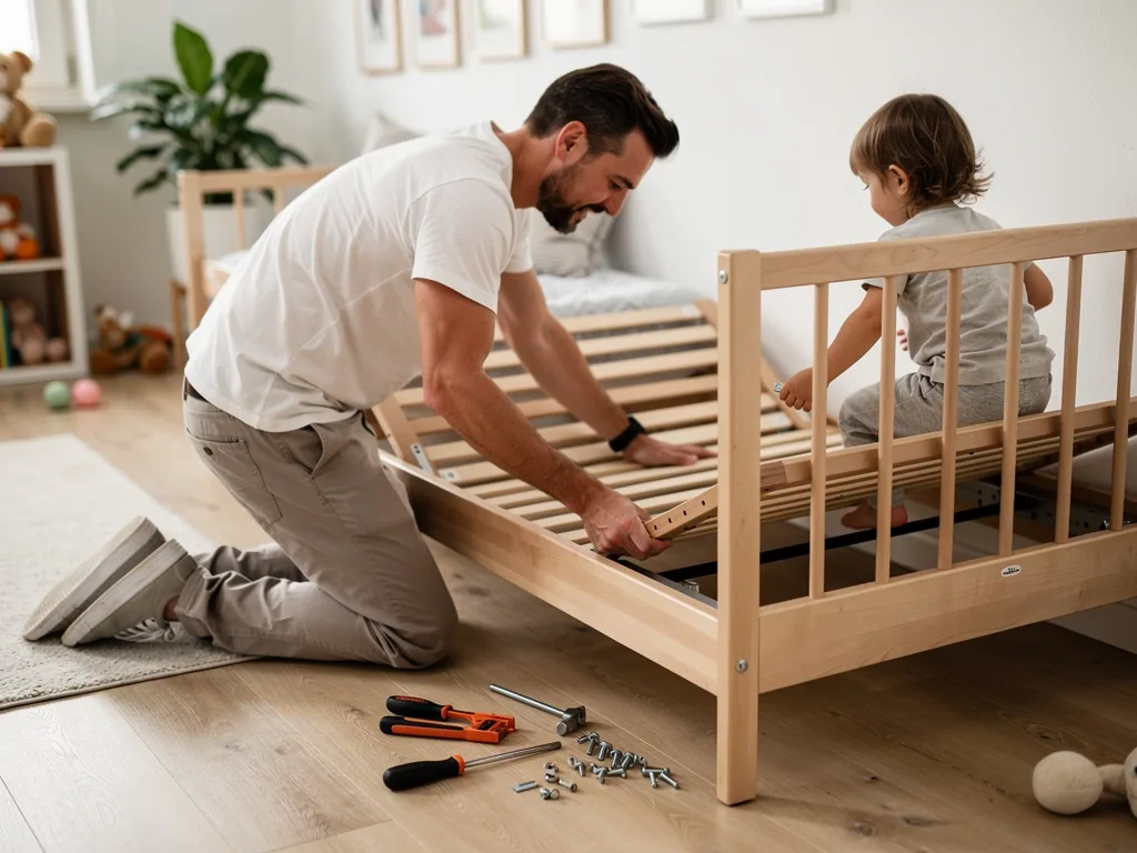 Vater montiert ein helles Kinderbett aus Holz, während ein Kleinkind auf dem Lattenrost sitzt.