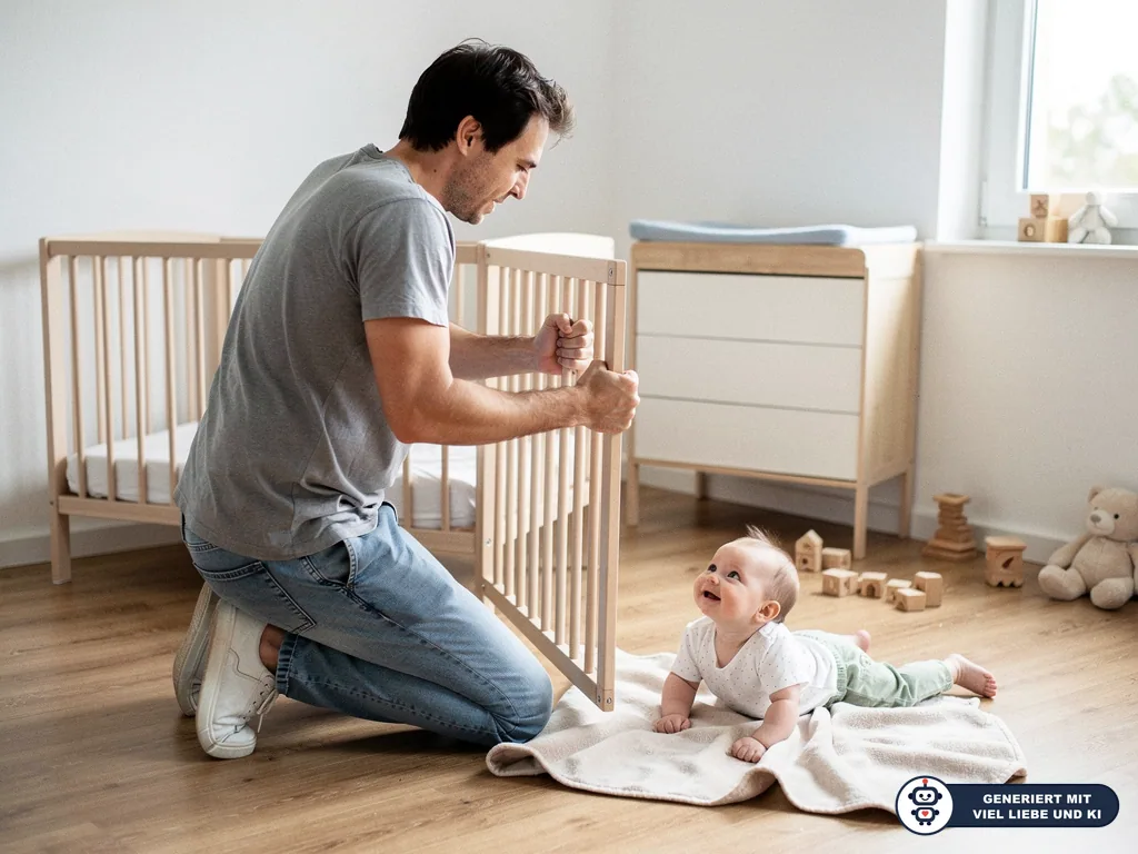 Vater montiert ein Holz-Babybett, während ein Baby im Kinderzimmer auf einer Decke liegt. (mit KI erstellt)