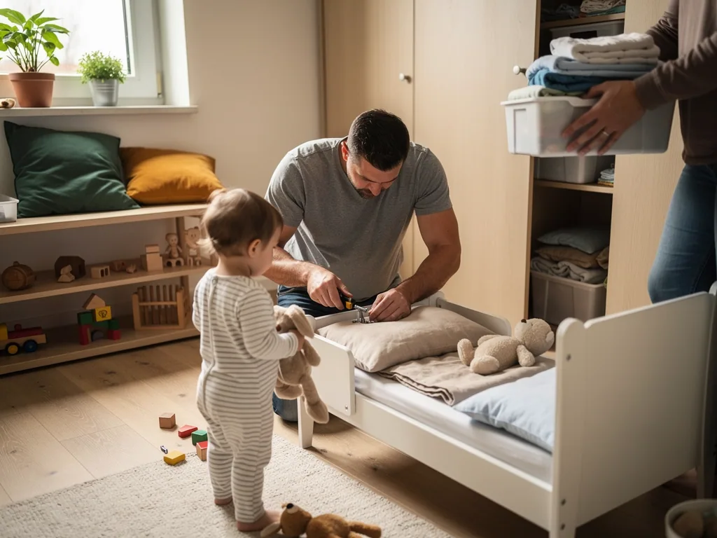 Vater montiert ein Kleinkindbett im hellen Kinderzimmer, Kind mit Stofftier steht daneben, zweite Person räumt Kleidung ein.