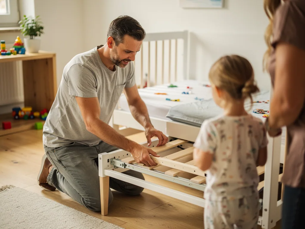 Vater montiert ein mitwachsendes Kinderbett, während Mutter und Kind im Kinderzimmer zusehen.
