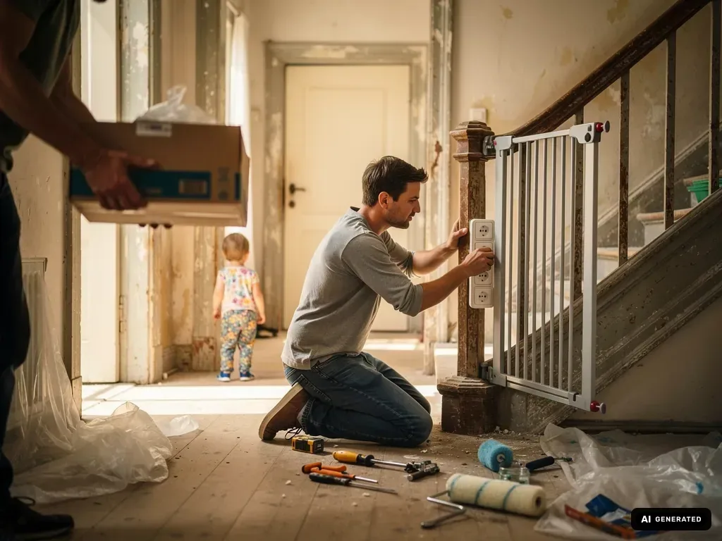 Vater montiert ein Treppenschutzgitter im renovierungsbedürftigen Altbau, während ein Kleinkind im Flur steht. (mit KI erstellt)