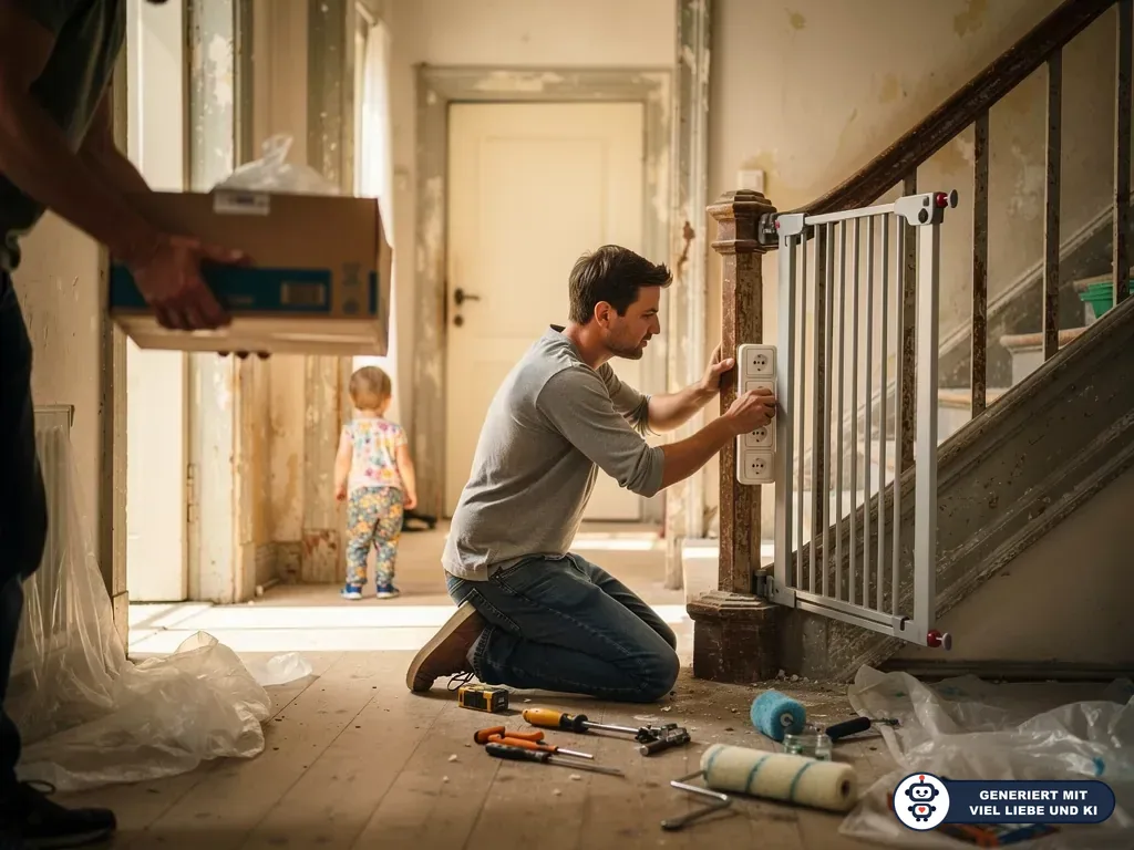 Vater montiert ein Treppenschutzgitter im renovierungsbedürftigen Altbau, während ein Kleinkind im Flur steht. (mit KI erstellt)