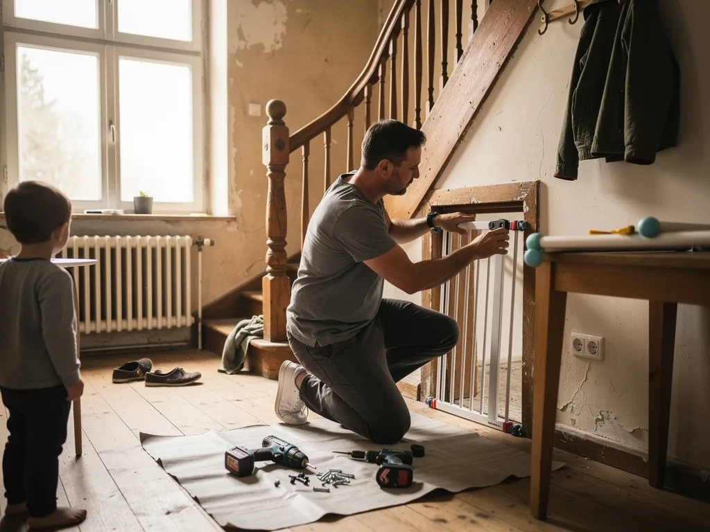 Vater montiert ein Treppenschutzgitter in einem alten Haus, während ein Kleinkind zusieht.