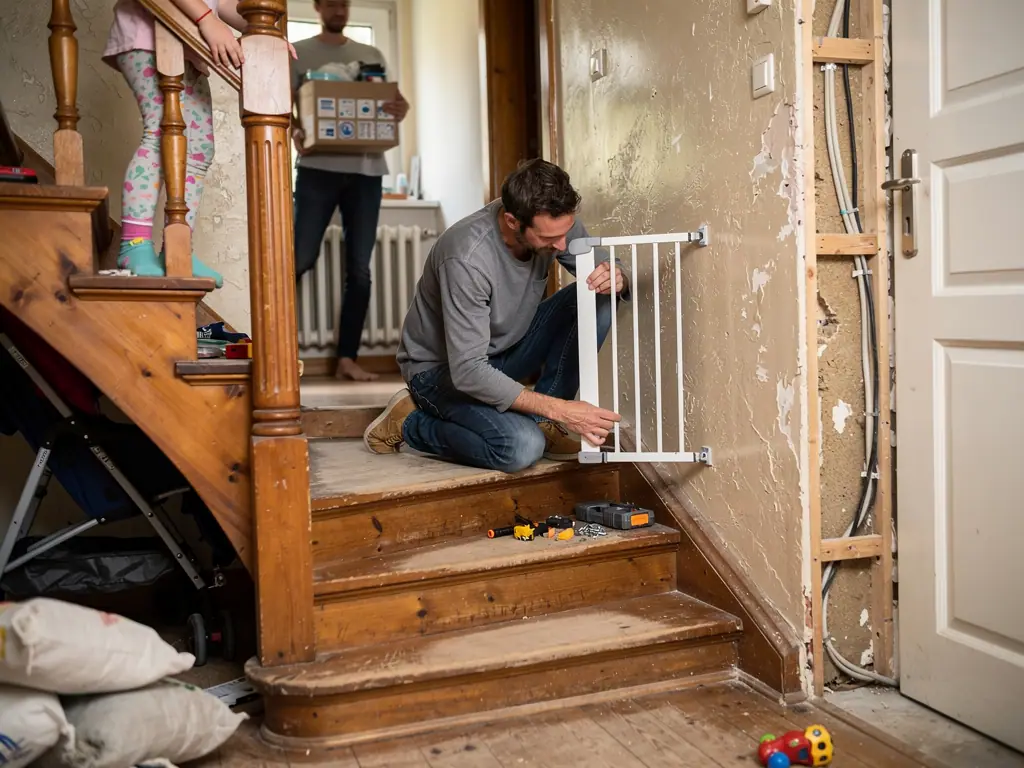 Vater montiert ein Treppenschutzgitter in einem alten Haus, während ein Kind auf der Holztreppe steht.