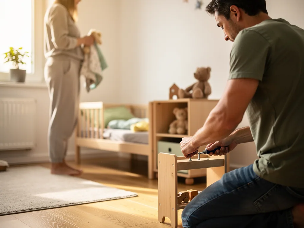 Vater montiert Holzmöbel im hellen Kinderzimmer mit Holzboden, Teppich, Bett und Regal.