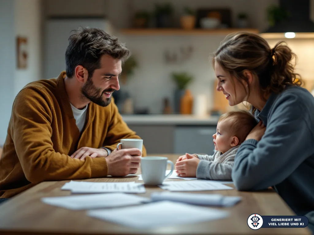 Vater, Mutter und Baby sitzen am Küchentisch mit Tassen und Unterlagen und sprechen miteinander. (mit KI erstellt)