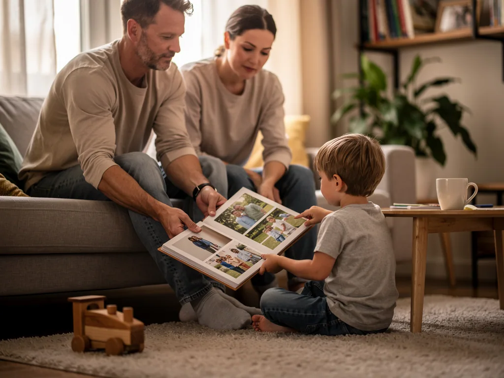 Vater, Mutter und kleiner Junge betrachten im Wohnzimmer gemeinsam ein Fotoalbum auf dem Teppich.