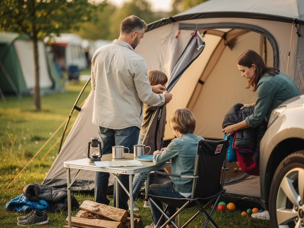 Vater, Mutter und zwei Kinder räumen Kleidung am Familienzelt auf einem Campingplatz neben Auto und Tisch.