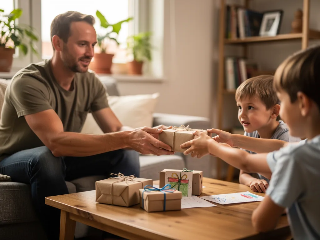 Vater nimmt im Wohnzimmer ein schlicht verpacktes Geschenk von zwei Kindern entgegen.