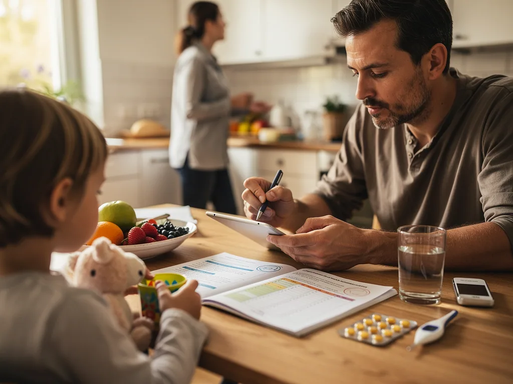 Vater notiert Gesundheitsdaten am Küchentisch, Kind spielt daneben, Unterlagen, Fieberthermometer und Medikamente liegen bereit.