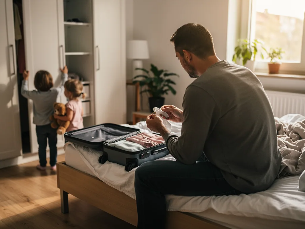 Vater packt auf dem Bett einen Koffer, während zwei Kinder am Kleiderschrank stehen.