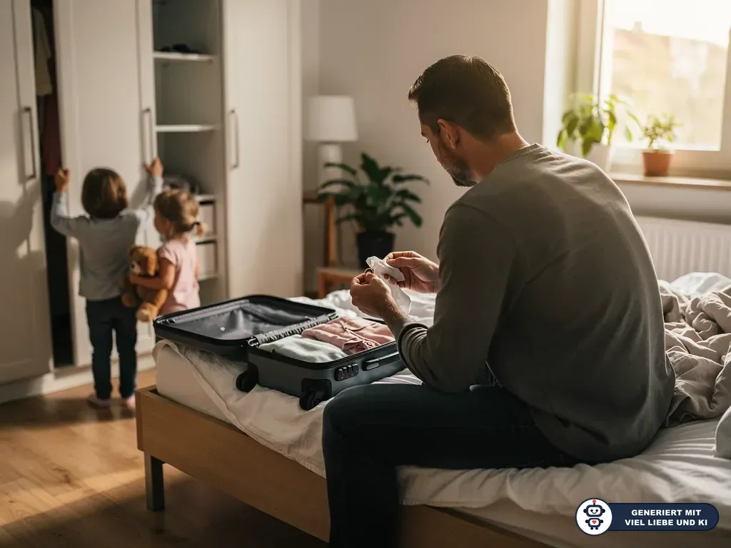 Vater packt auf dem Bett einen Koffer, während zwei Kinder am Kleiderschrank stehen. (mit KI erstellt)