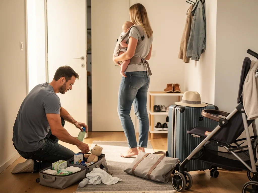 Vater packt Babybedarf in eine Tasche, Mutter trägt Säugling; daneben stehen Koffer und Kinderwagen im Flur.