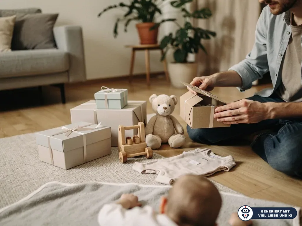 Vater packt Babygeschenke aus, daneben Teddybär, Holzspielzeug, Body und Geschenkkartons im Wohnzimmer. (mit KI erstellt)