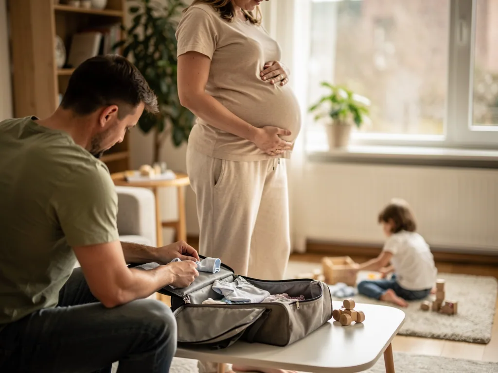 Vater packt Babykleidung in Kliniktasche, schwangere Frau steht daneben, Kind spielt im Wohnzimmer.