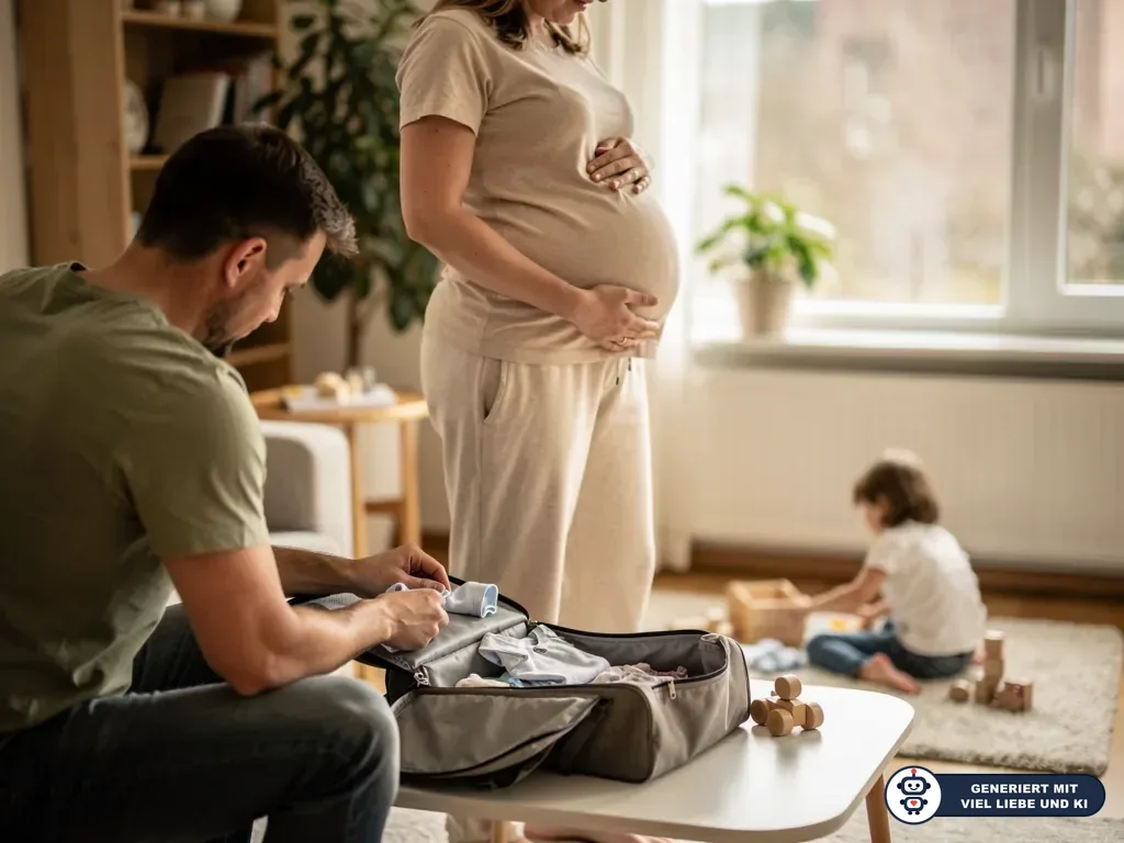 Vater packt Babykleidung in Kliniktasche, schwangere Frau steht daneben, Kind spielt im Wohnzimmer. (mit KI erstellt)