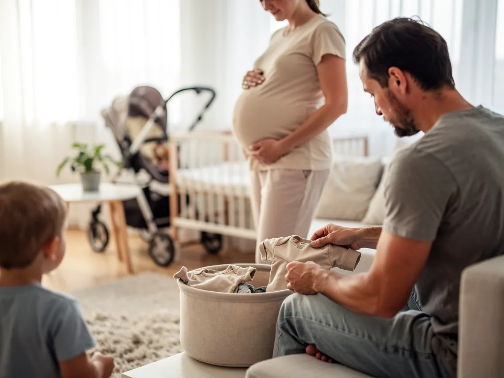 Vater packt Babykleidung, während die hochschwangere Mutter und ein Kind im Babyzimmer warten.