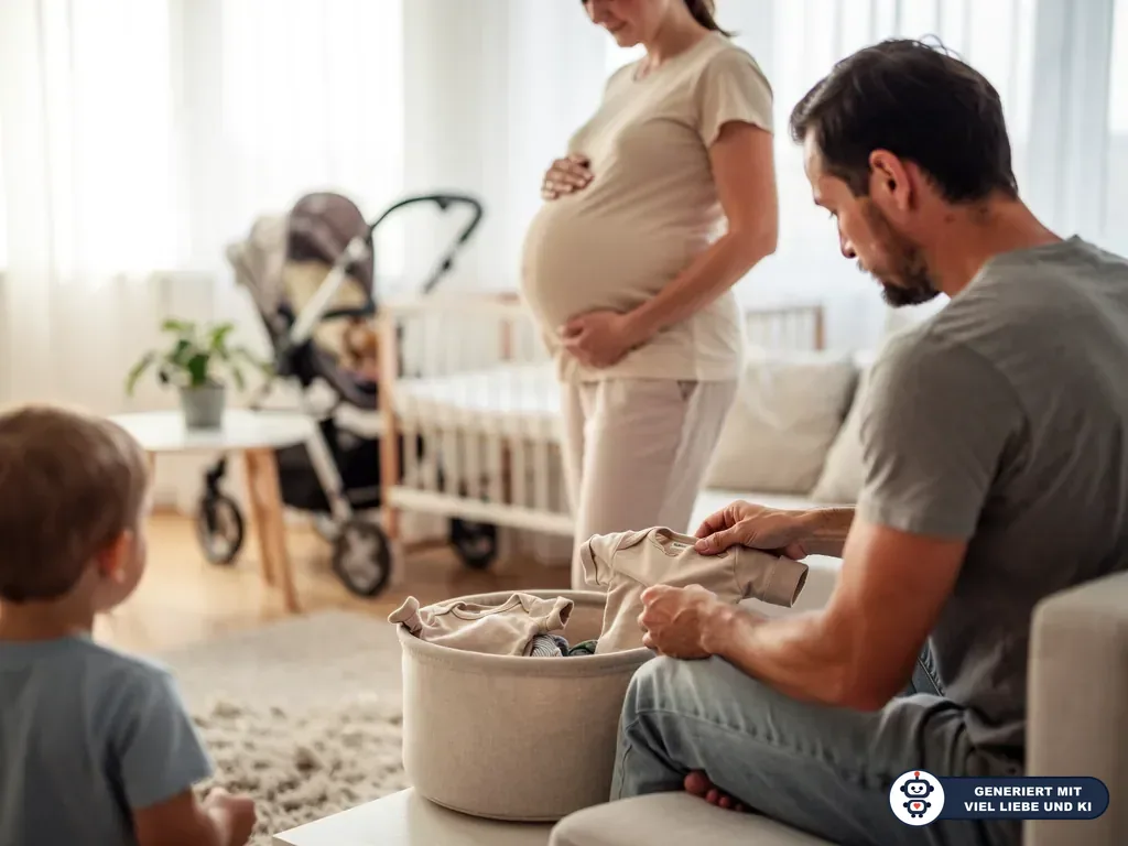 Vater packt Babykleidung, während die hochschwangere Mutter und ein Kind im Babyzimmer warten. (mit KI erstellt)