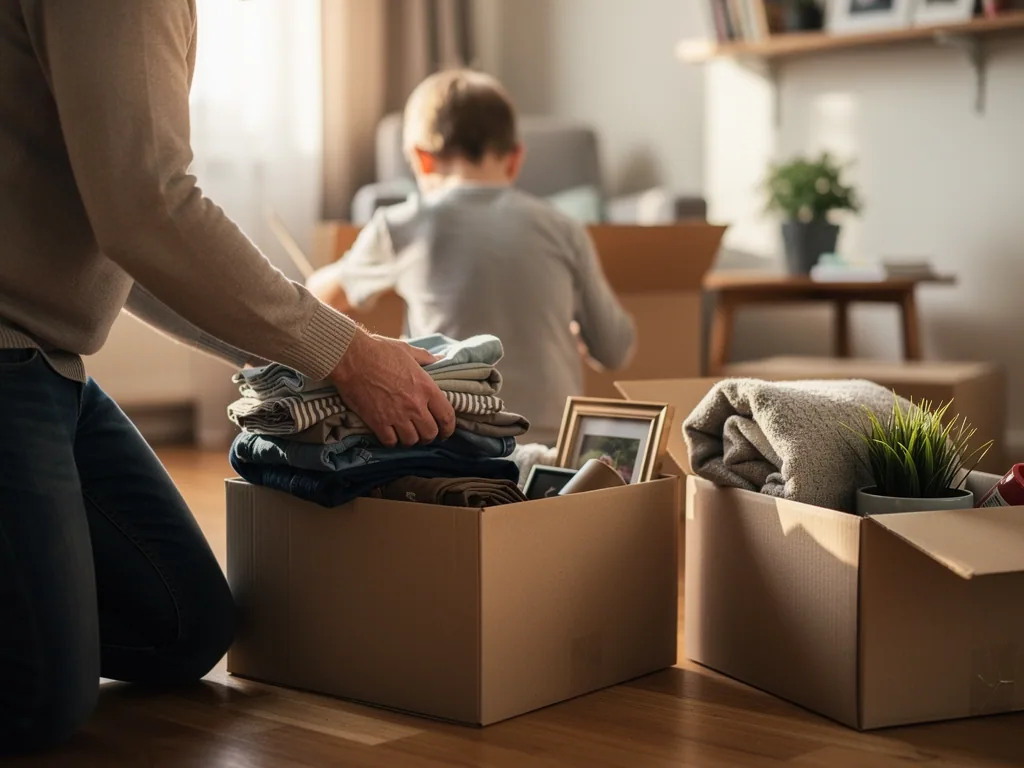 Vater packt gefaltete Kleidung in Umzugskartons, während sein Kind im Wohnzimmer weitere Kisten füllt.