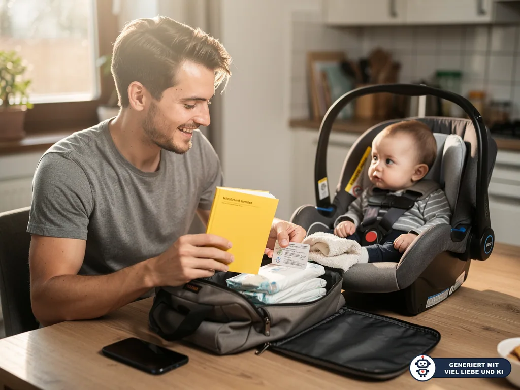 Vater packt gelbes Untersuchungsheft, Windeln und Karte ein, Baby sitzt in Babyschale am Küchentisch. (mit KI erstellt)
