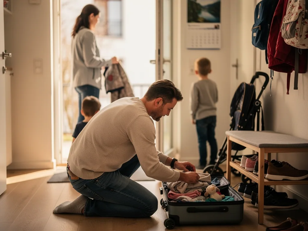 Vater packt im Flur einen Kinderkoffer, während Mutter und zwei Kinder an der offenen Wohnungstür stehen.