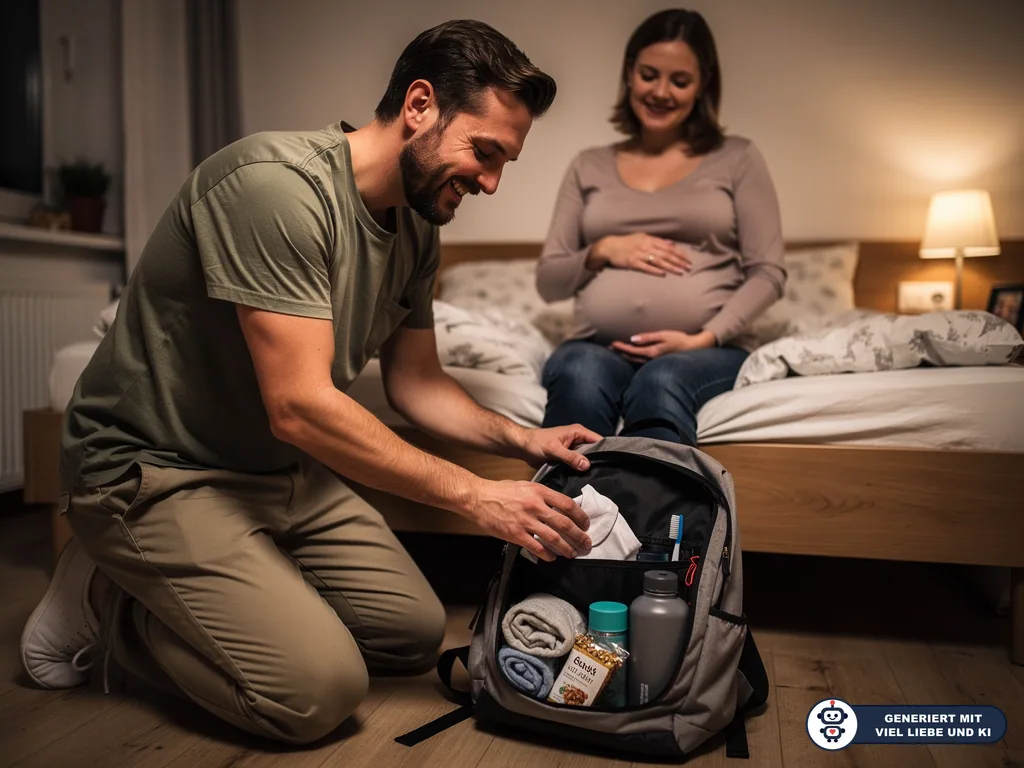 Vater packt im Schlafzimmer Kleidung, Wasserflasche und Snacks in eine Kliniktasche, Schwangere sitzt auf dem Bett. (mit KI erstellt)