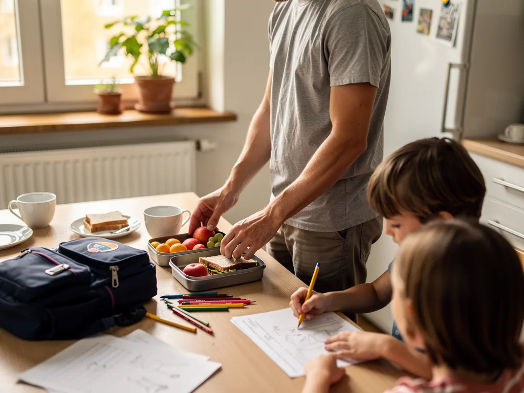 Vater packt in der Küche Brotdosen, während zwei Kinder am Tisch malen.
