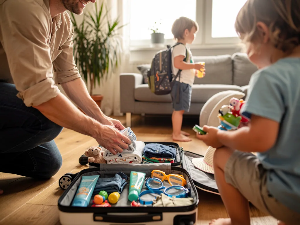 Vater packt Kinderkleidung und Reisesachen in einen Koffer, während zwei Kinder mit Spielzeug und Rucksack im Wohnzimmer sind.