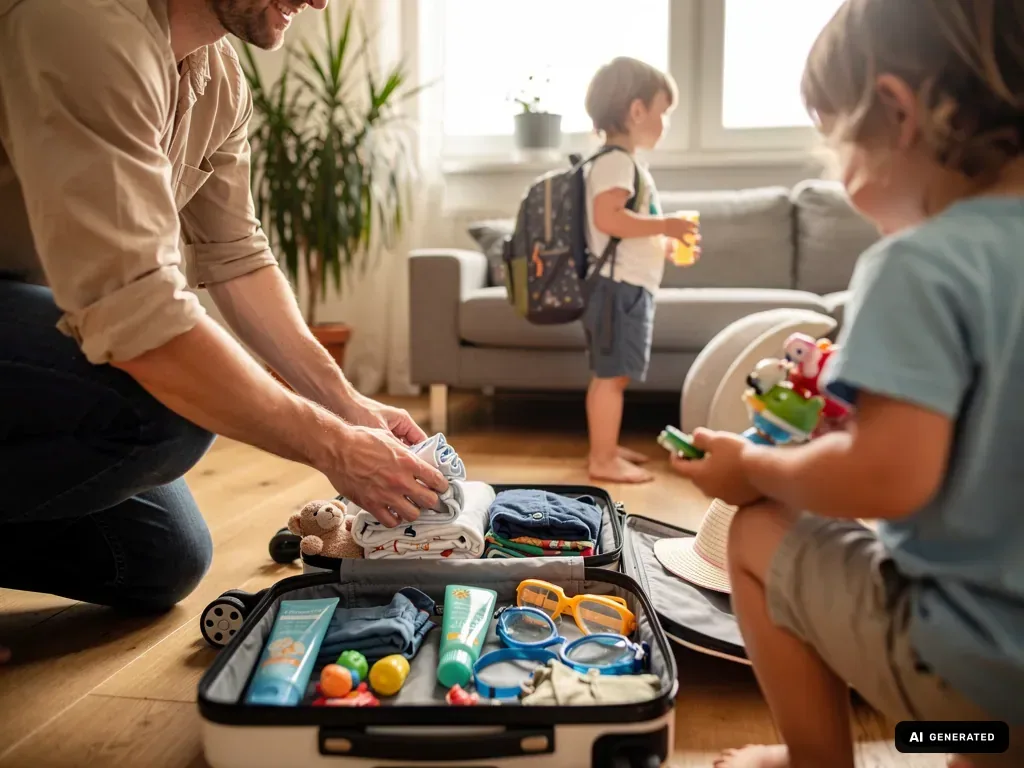 Vater packt Kinderkleidung und Reisesachen in einen Koffer, während zwei Kinder mit Spielzeug und Rucksack im Wohnzimmer sind. (mit KI erstellt)