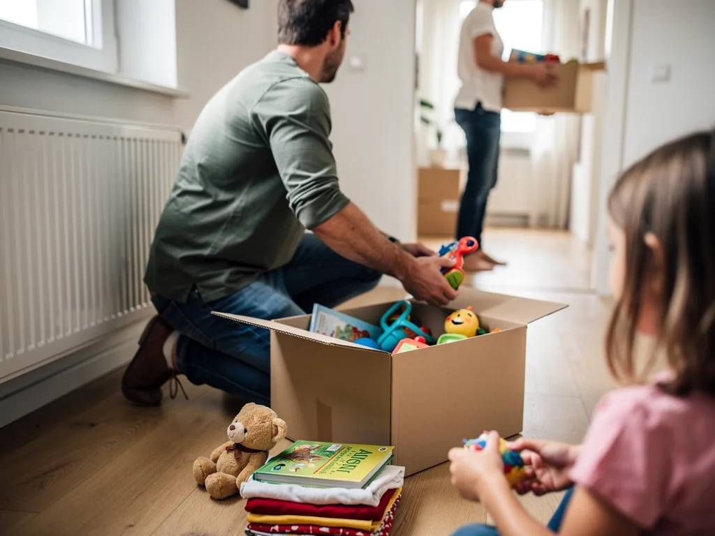 Vater packt Kinderspielzeug in einen Umzugskarton, während ein Kind zusieht und eine zweite Person Kartons trägt.