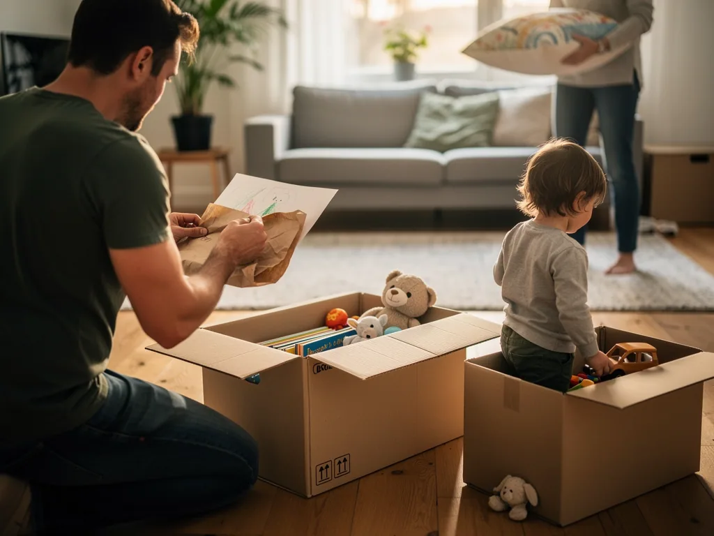 Vater packt Kinderzeichnung ein, Kleinkind steht zwischen Spielzeug in Umzugskarton im Wohnzimmer.