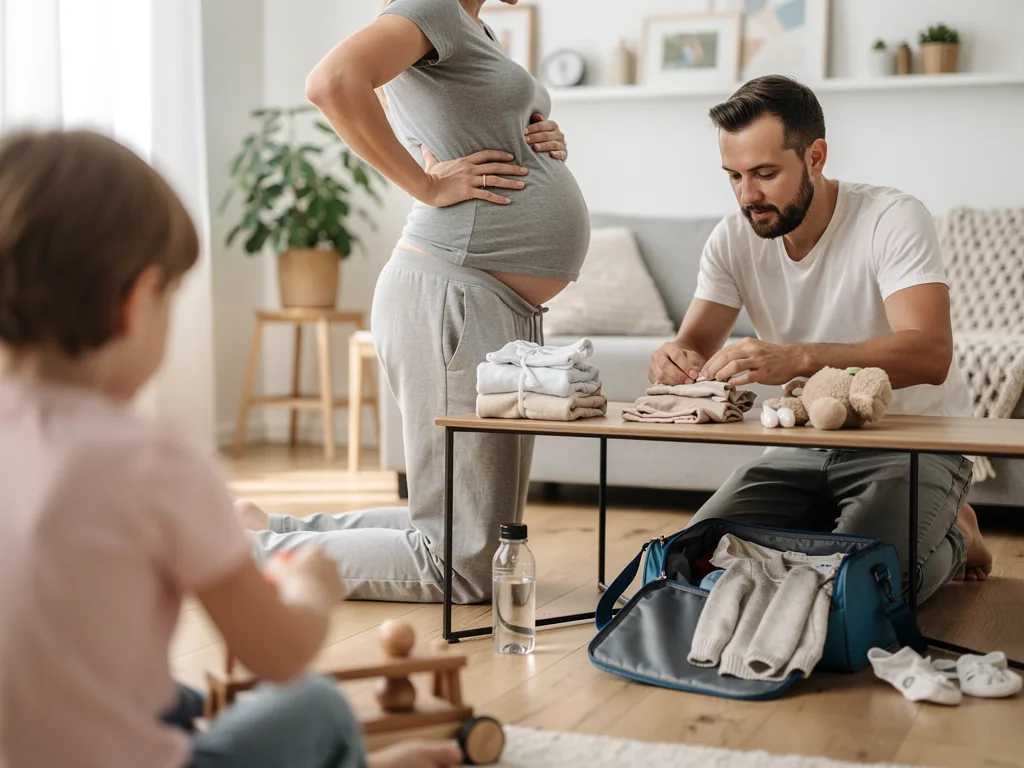 Vater packt Kliniktasche mit Babykleidung, schwangere Frau steht daneben, Kleinkind spielt im Wohnzimmer.