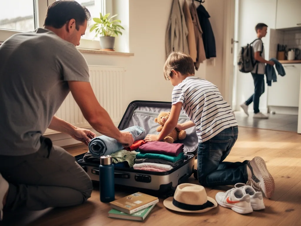 Vater packt mit Kind einen Koffer, während ein älteres Kind mit Rucksack zur Tür geht.
