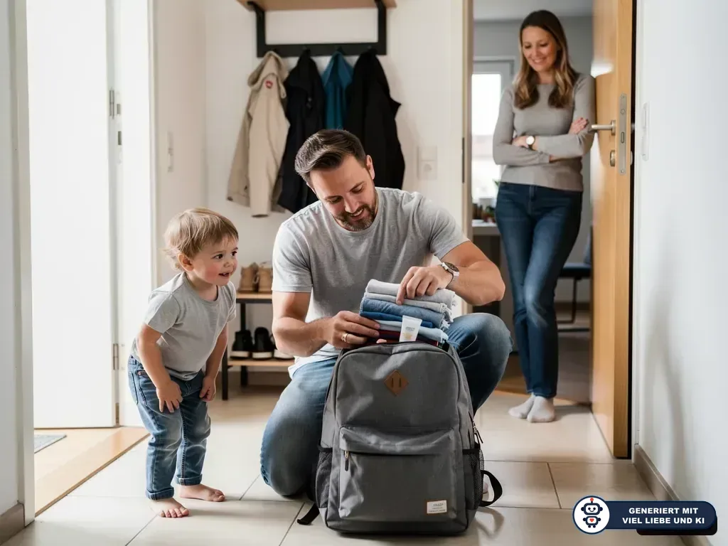 Vater packt mit Kleinkind einen Rucksack, während die Mutter lächelnd in der Tür steht. (mit KI erstellt)