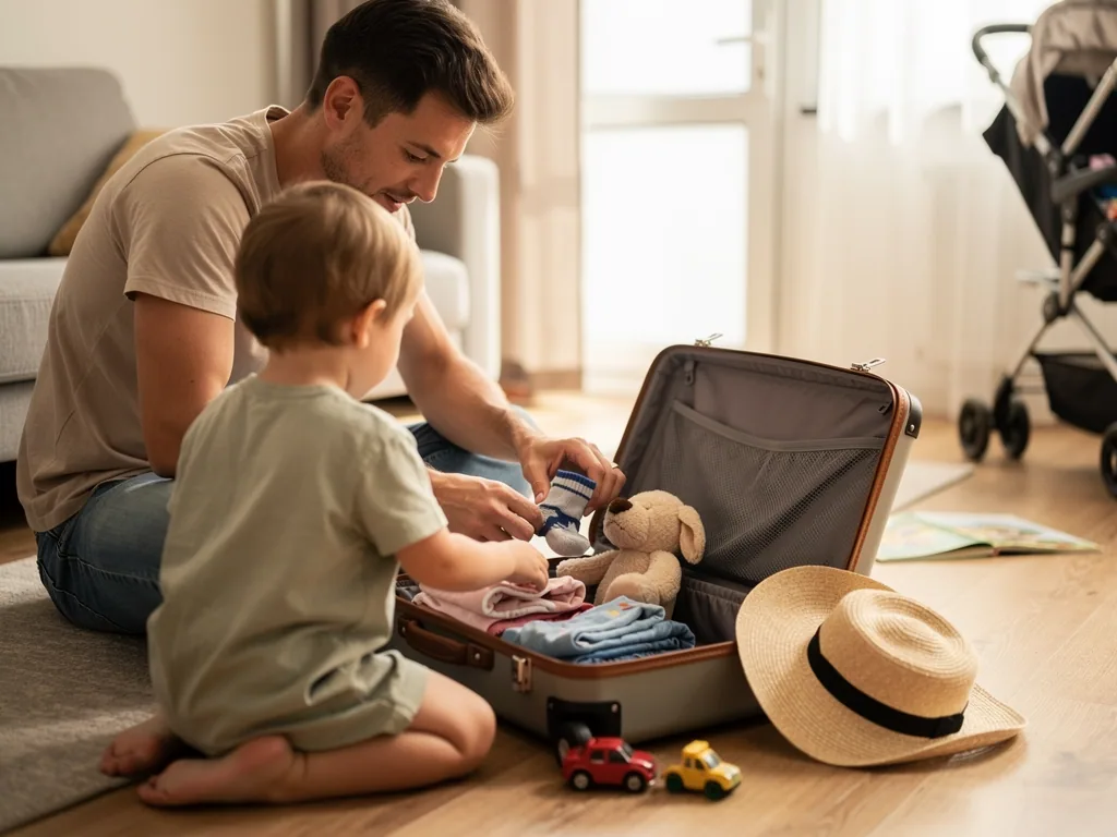 Vater packt mit Kleinkind Spielzeug, Kleidung und Kuscheltier in einen offenen Koffer im Wohnzimmer.