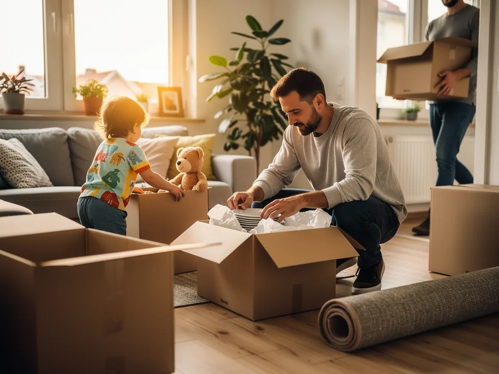 Vater packt mit Kleinkind Umzugskartons im Wohnzimmer, eine zweite Person trägt einen Karton.