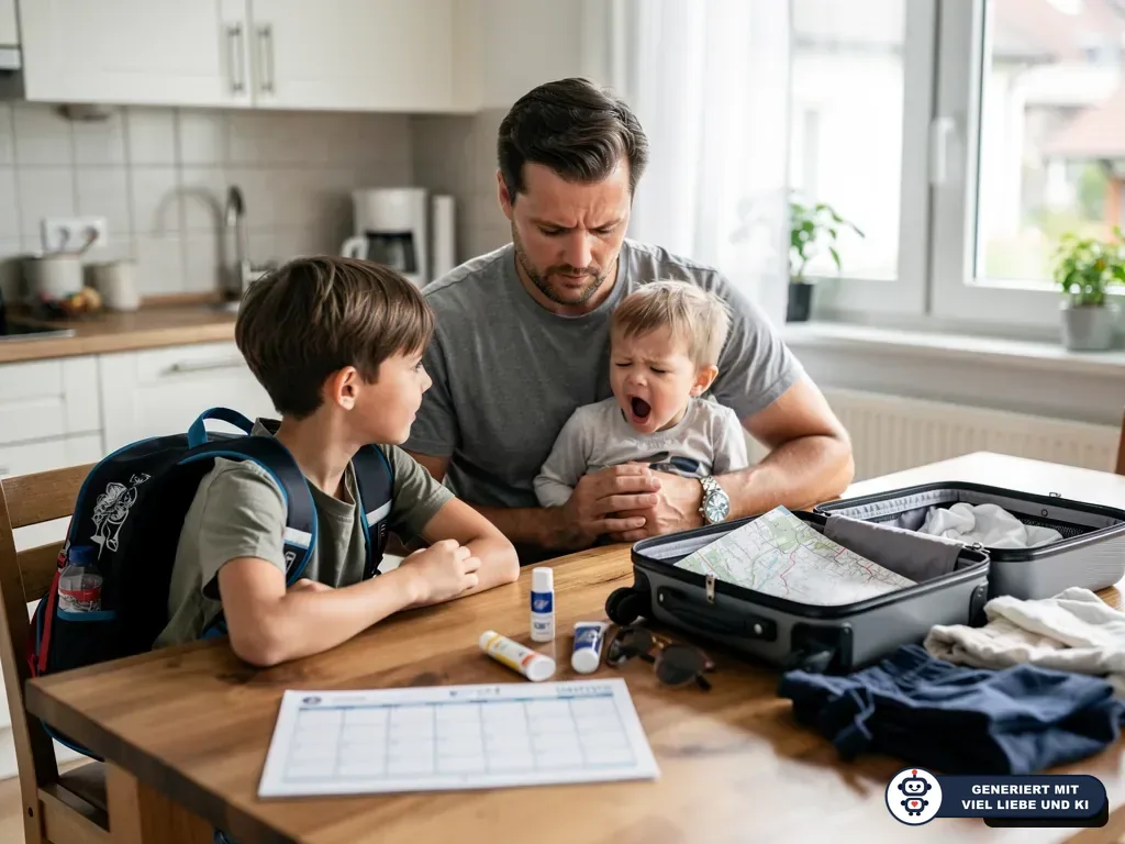 Vater packt mit Schulkind und müdem Kleinkind am Küchentisch Koffer, Reiseplan und Medikamente für den Familienurlaub. (mit KI erstellt)