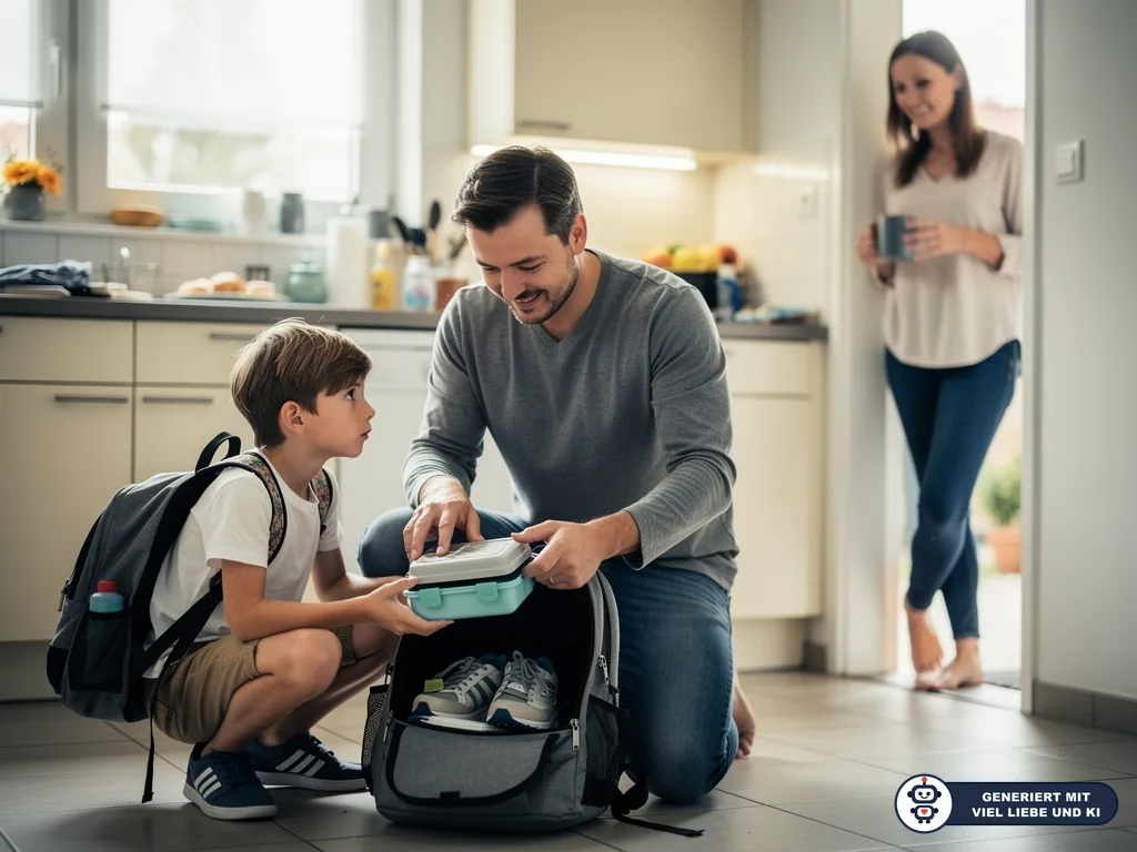Vater packt mit seinem Sohn in der Küche den Schulrucksack, Mutter steht entspannt mit Tasse im Hintergrund. (mit KI erstellt)