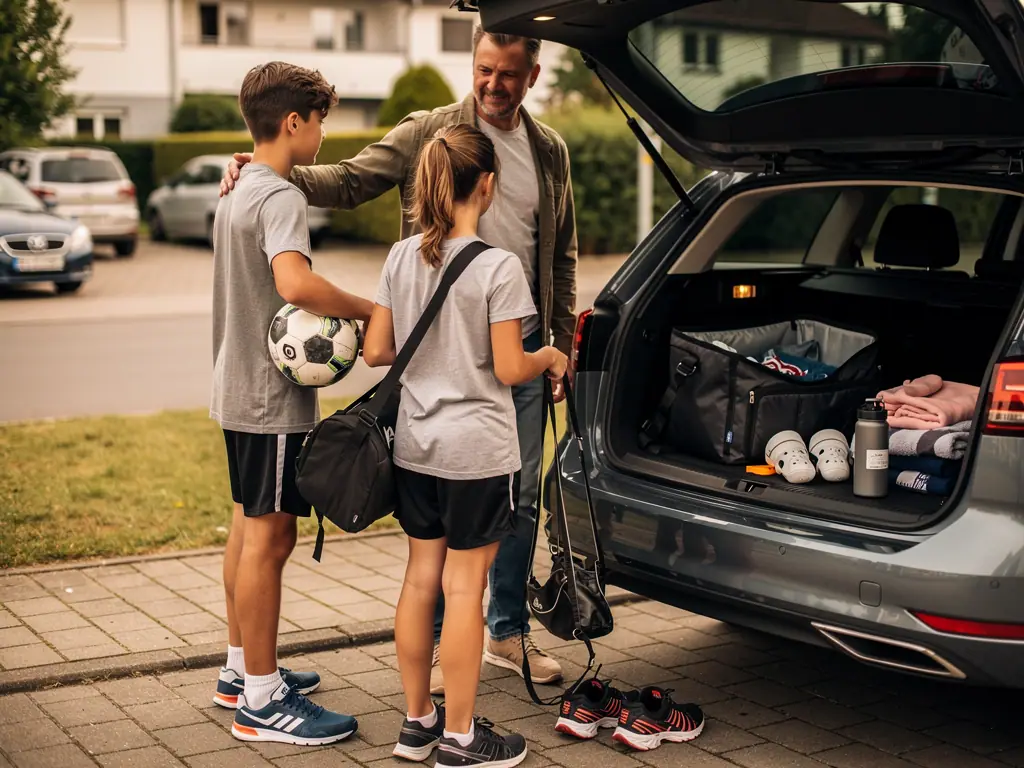 Vater packt mit zwei Jugendlichen Sporttaschen und Fußball in den Kofferraum eines Autos.