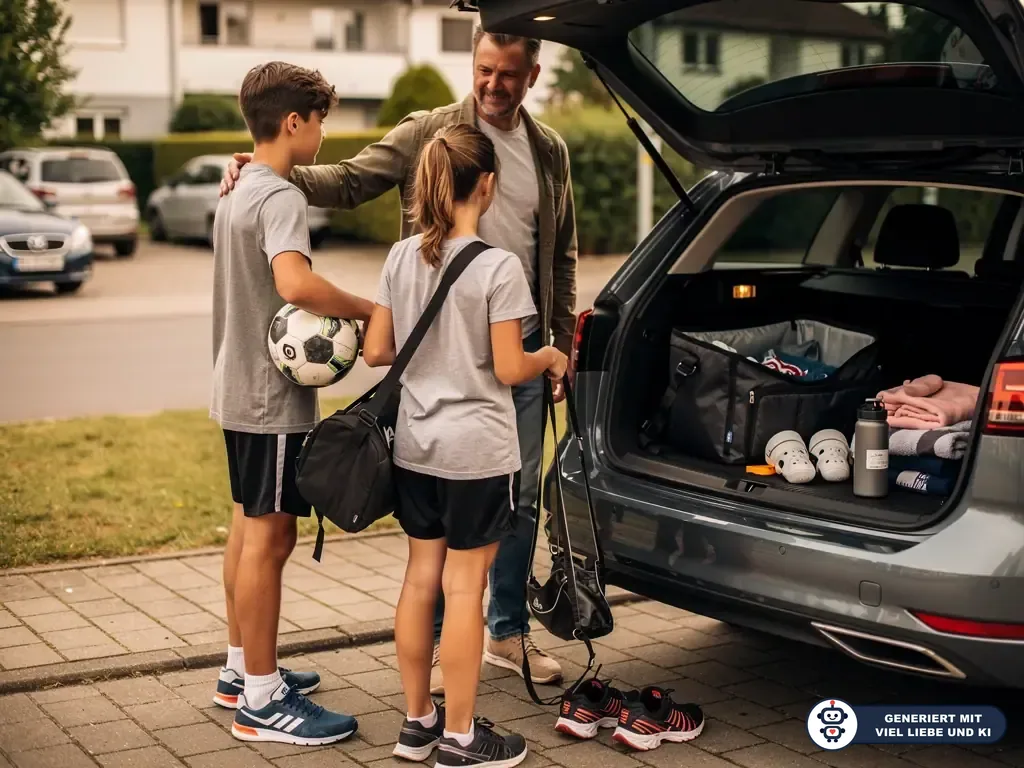 Vater packt mit zwei Jugendlichen Sporttaschen und Fußball in den Kofferraum eines Autos. (mit KI erstellt)