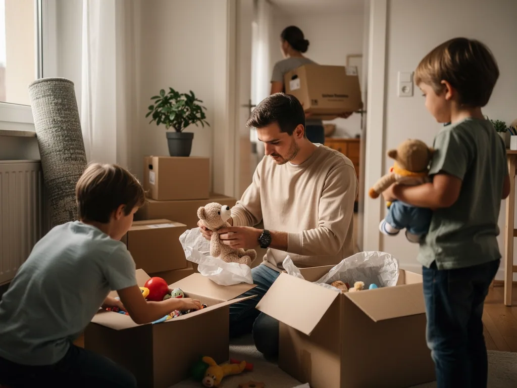 Vater packt mit zwei Kindern Kuscheltiere und Spielzeug in Umzugskartons, im Hintergrund trägt eine Frau einen Karton.